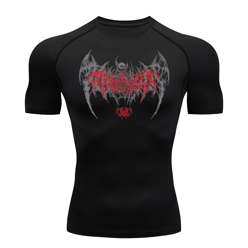 Compression Shirt Workout - Skull Wings Print Short Sleeve Compression