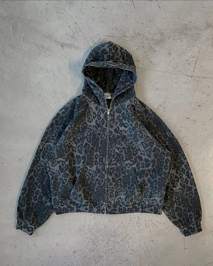 Retro Y2K Leopard Print Zipper - Mens Fashion Zip Up Hoodies 评论和价格