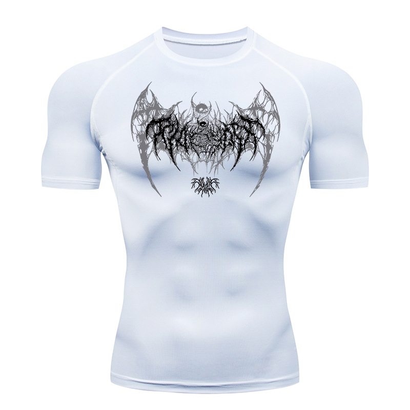 Skull Wings Print Short Sleeve - Compression Shirt Workout 评论和价格