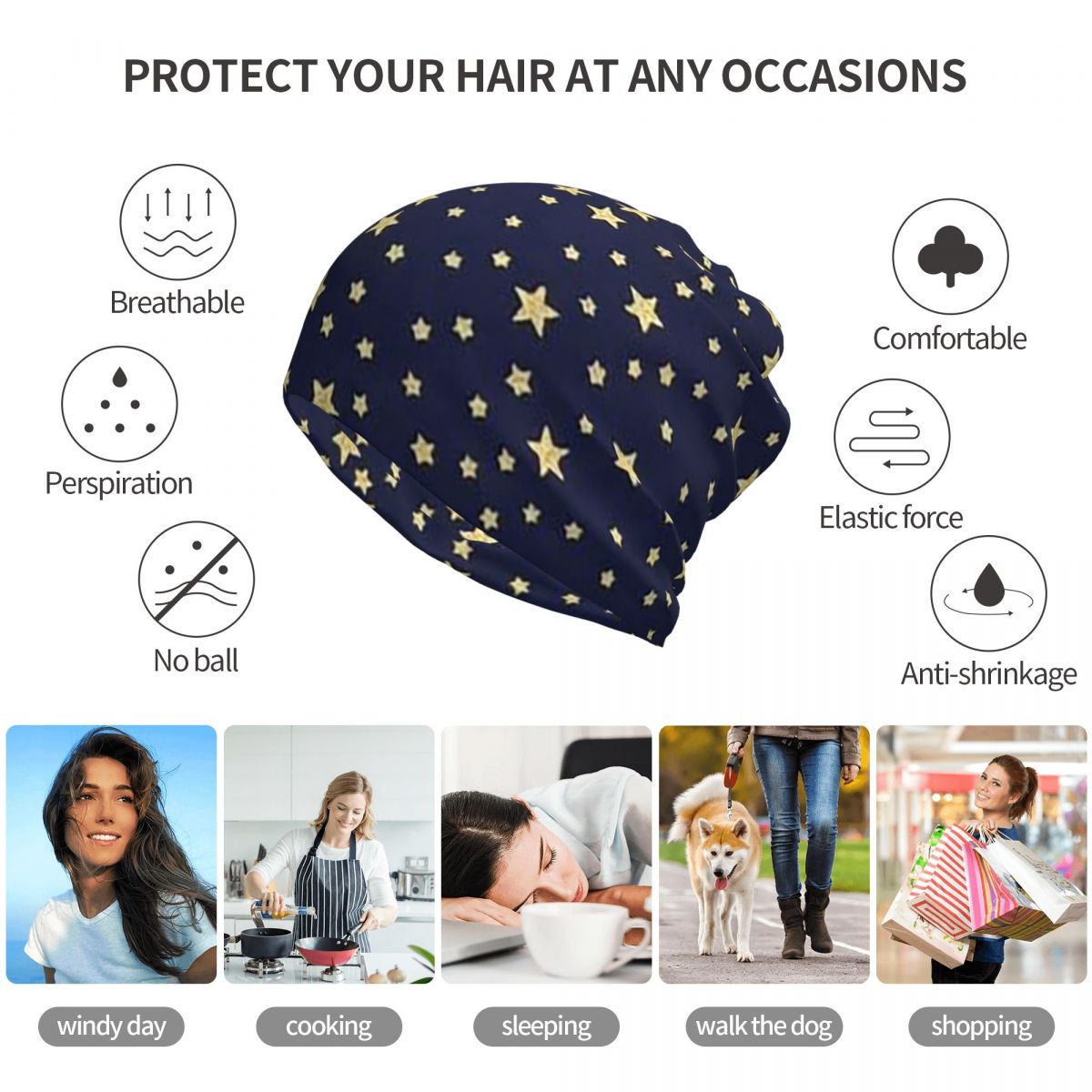 Navy Blue Sky And Stars Print  - Beanie Winter Hat 评论和价格