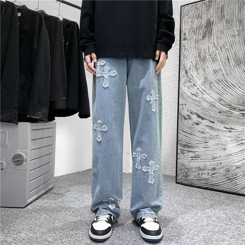 Men Cross Print Jeans Autumn W - Men'S Fashion For 70 Year Old 评论和价格