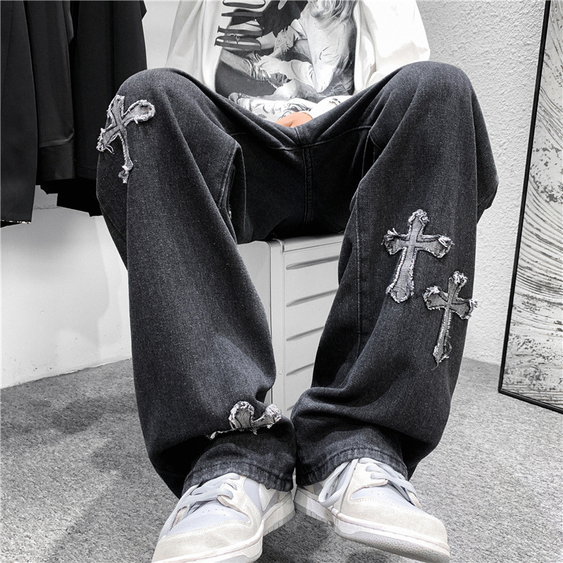 Men Cross Print Jeans Autumn W - Men'S Fashion For 70 Year Old 评论和价格