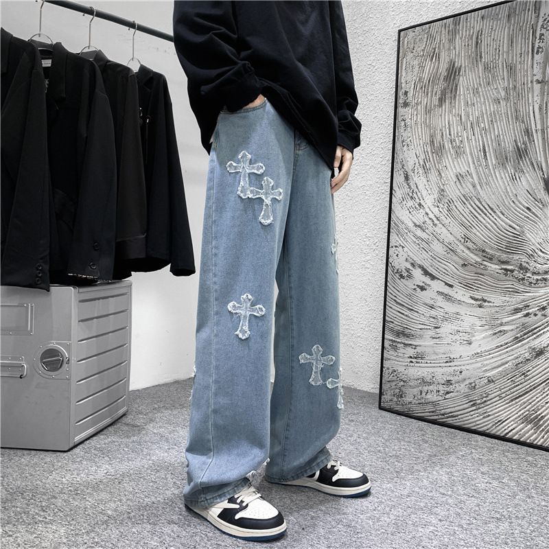 Men Cross Print Jeans Autumn W - Men'S Fashion For 70 Year Old 评论和价格